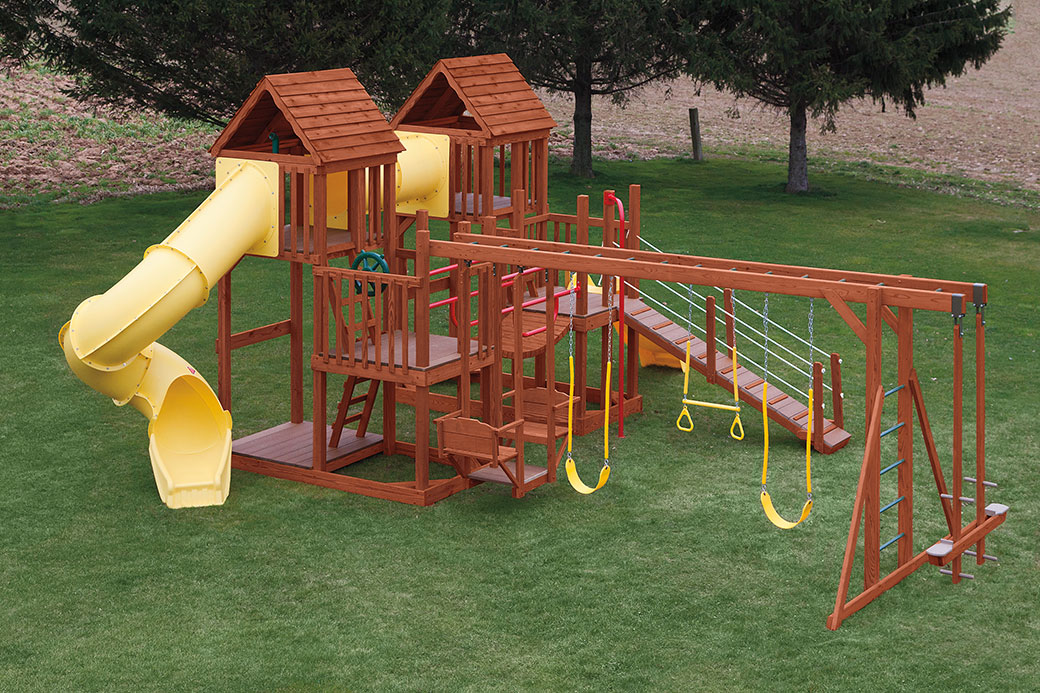 wooden play swing and slide